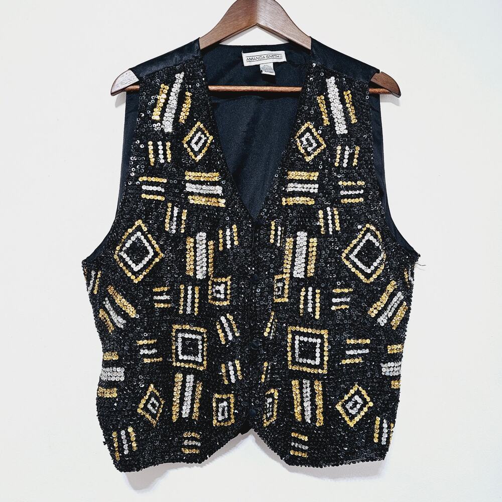 Amanda Smith Vintage Silk Sequin Vest Women's Size 1X Black Gold Silver Glam